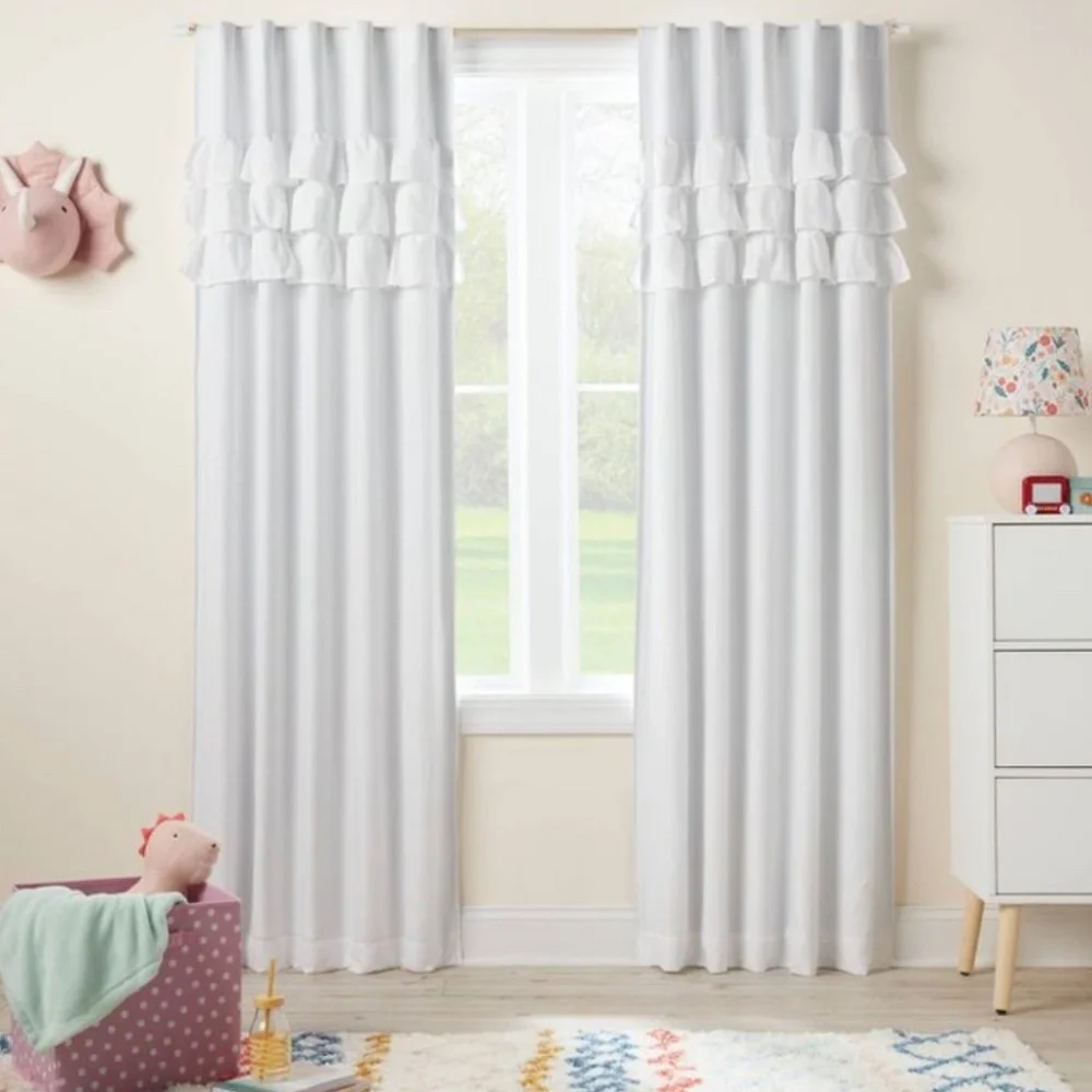 Pillowfort White Ruffle Blackout Curtains 84”